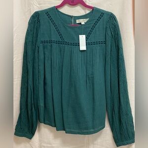 NWT - LOFT - Embroidered Popover Blouse - Size Small - Green